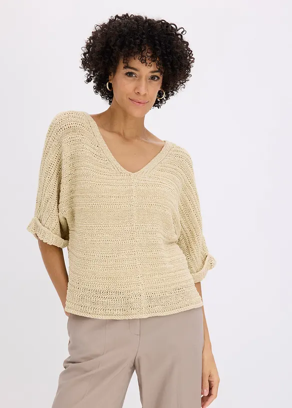 Grobstrick-Pullover in Bändchengarn in beige von vorne (im Anschnitt) - bonprix
