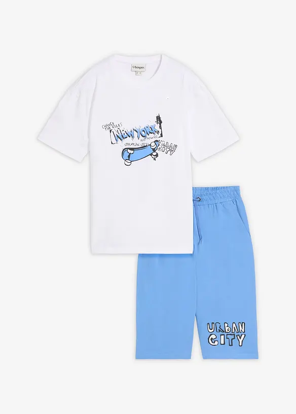 Loose Fit T-Shirt und Jersey-Longbermuda (2-tlg.Set) in weiß von vorne - bonprix