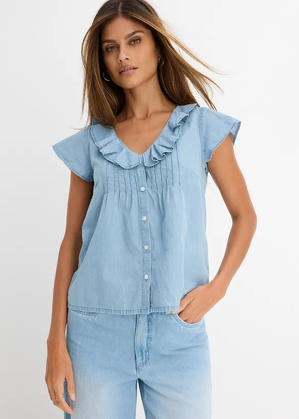 Jeans-Blusentop aus Bio-Baumwolle in blau von vorne (im Anschnitt) - bonprix