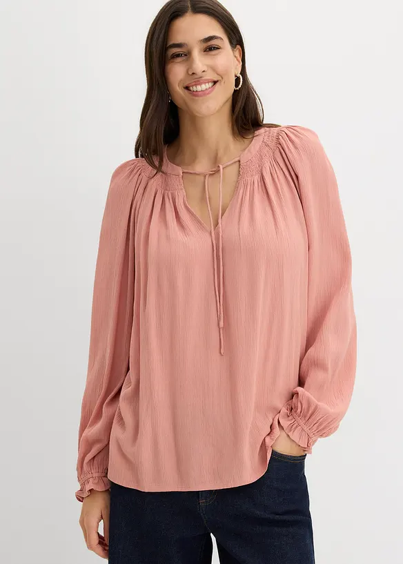 Tunikabluse mit Crinkle-Effekt in rosa von vorne (im Anschnitt) - bonprix