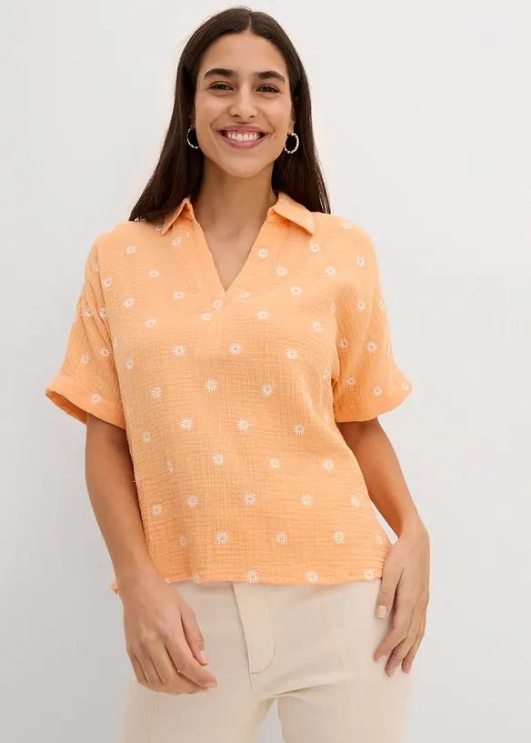 Musselin-Kurzarmbluse aus reiner Baumwolle in orange von vorne (im Anschnitt) - bonprix