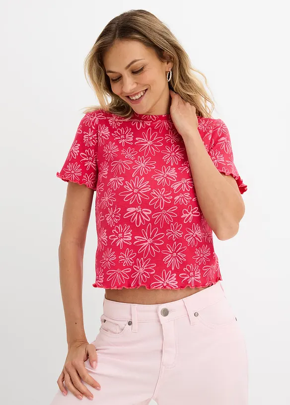 Kurzes T-Shirt aus Baumwoll-Mix in pink von vorne (im Anschnitt) - bonprix