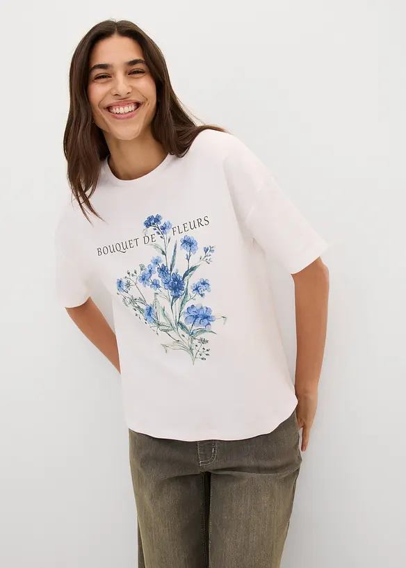 Lockeres T-Shirt aus schwerer Bio-Baumwolle in weiß von vorne (im Anschnitt) - bonprix