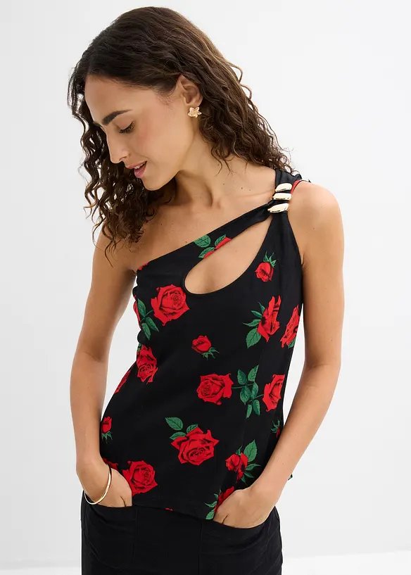 One-Shoulder-Top mit Schmuck-Detail in schwarz von vorne (im Anschnitt) - bonprix One-Shoulder-Top mit Schmuck-Detail in schwarz von vorne (im Anschnitt) - bonprix