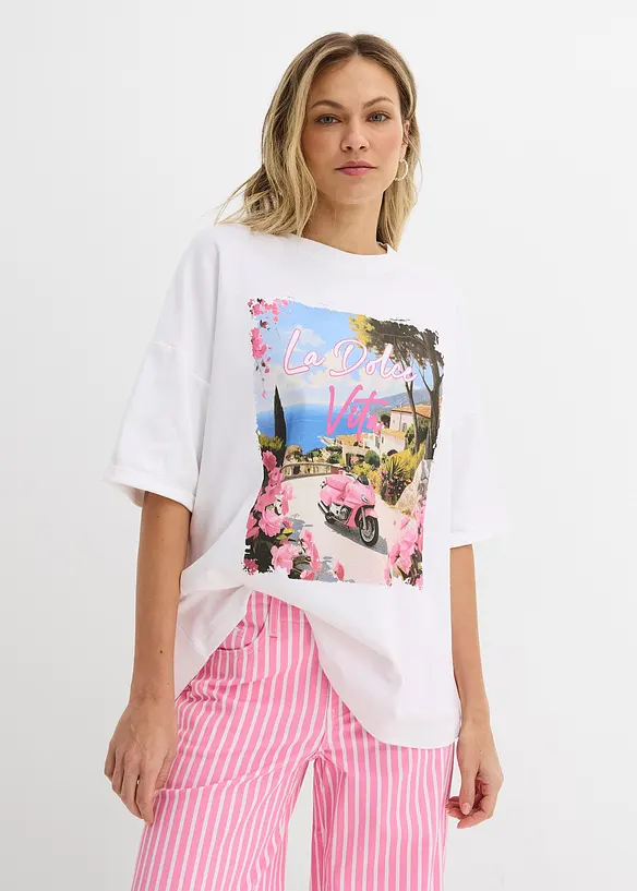 Oversize-Shirt aus reiner Bio-Baumwolle in weiß von vorne (im Anschnitt) - bonprix