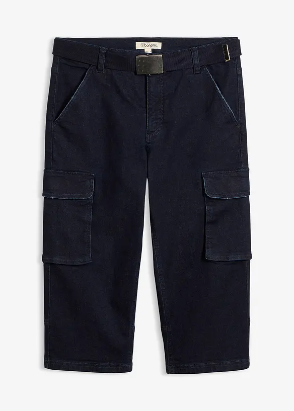 3/4-Cargo-Stretch-Jeans mit Gürtel, Relaxed Fit in blau von vorne - bonprix