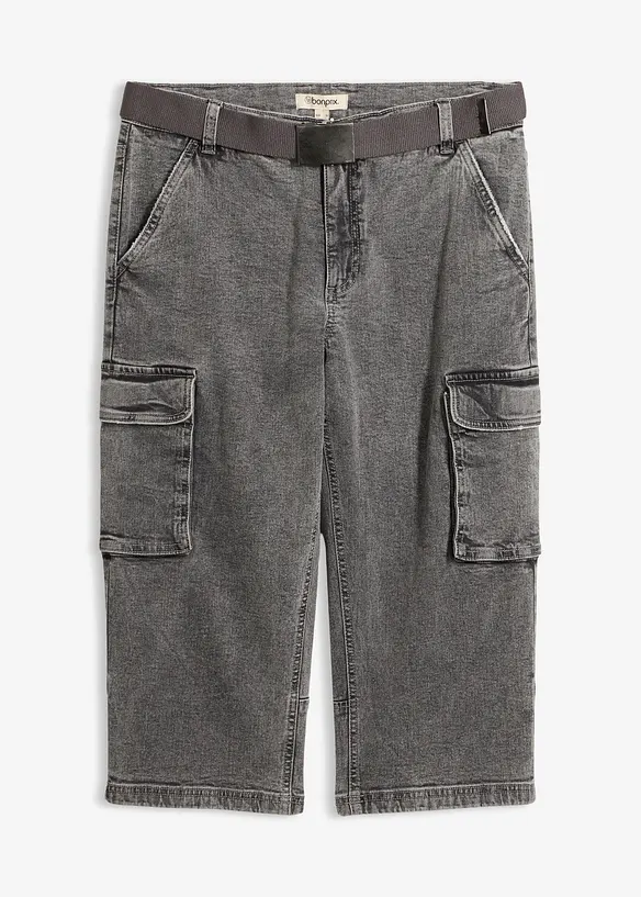 3/4-Cargo-Stretch-Jeans mit Gürtel, Relaxed Fit in grau von vorne - bonprix