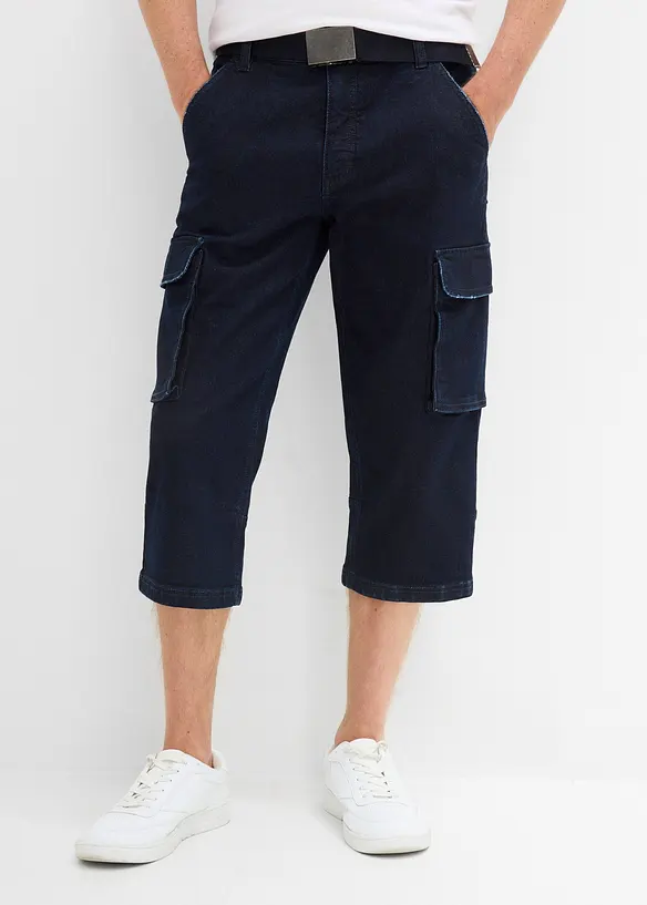 3/4-Cargo-Stretch-Jeans mit Gürtel, Relaxed Fit in blau von vorne - bonprix
