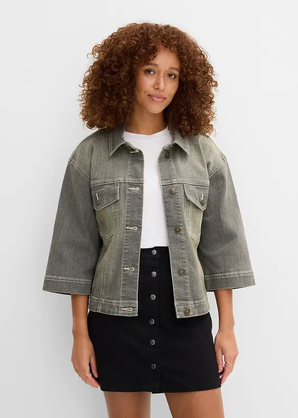 Oversize Jeansjacke, 3/4-Arm in grau von vorne (im Anschnitt) - bonprix