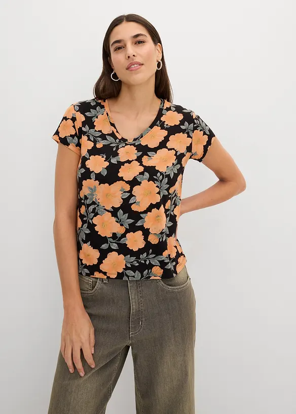 T-Shirt aus reiner Baumwolle in schwarz von vorne (im Anschnitt) - bonprix