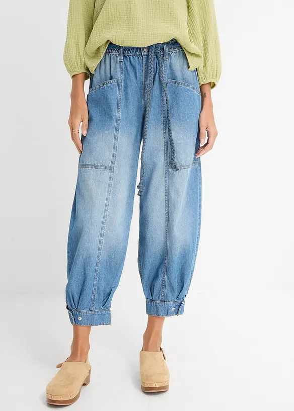 Barrel-Jeans Mid Waist, Bequembund in blau von vorne - bonprix