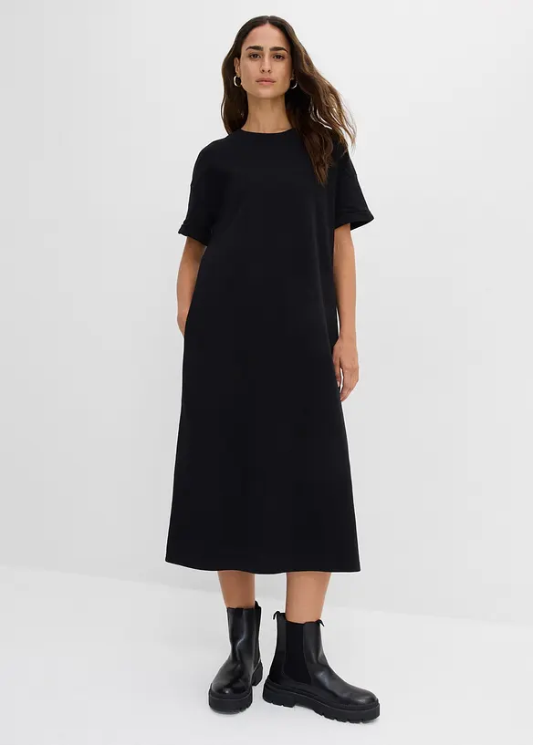Weites Shirtkleid aus schwerer reiner Bio-Baumwolle mit Taschen in schwarz von vorne (Totalaufnahme) - bonprix