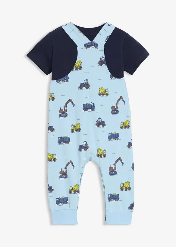 Baby Set aus Shirt und Sweat-Latzhose aus reiner Bio-Baumwolle (2-tlg.Set) in blau von hinten - bonprix
