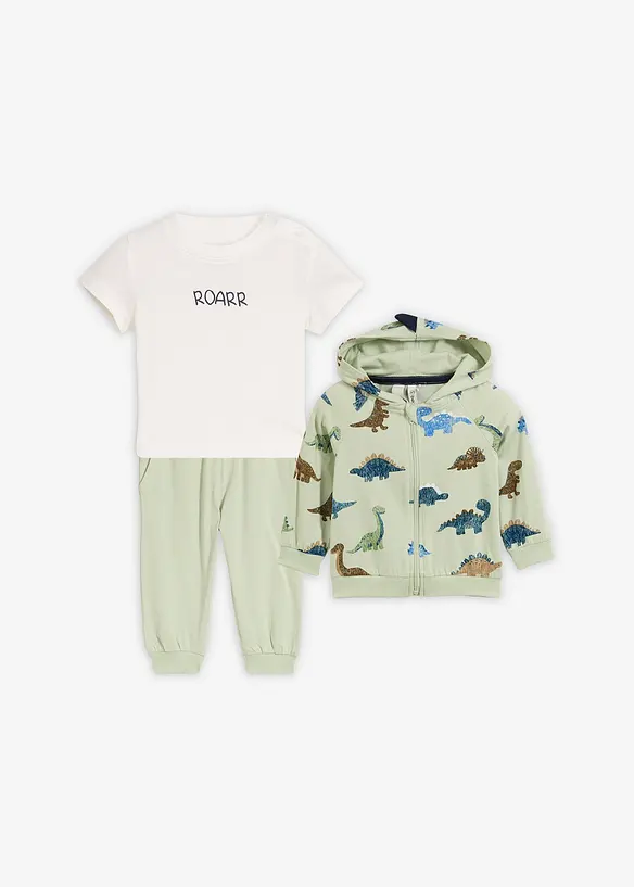 Baby Shirtjacke, T-Shirt und Jogginghose aus reiner Bio-Baumwolle (3-tlg.Set) in grün von vorne - bonprix