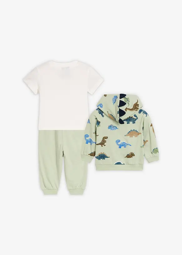 Baby Shirtjacke, T-Shirt und Jogginghose aus reiner Bio-Baumwolle (3-tlg.Set) in grün von hinten - bonprix