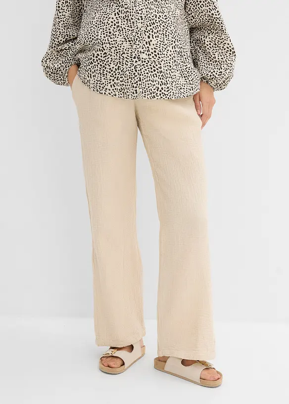 Umstandshose aus reinem Baumwoll-Musselin, Loose Fit in beige von vorne - bonprix
