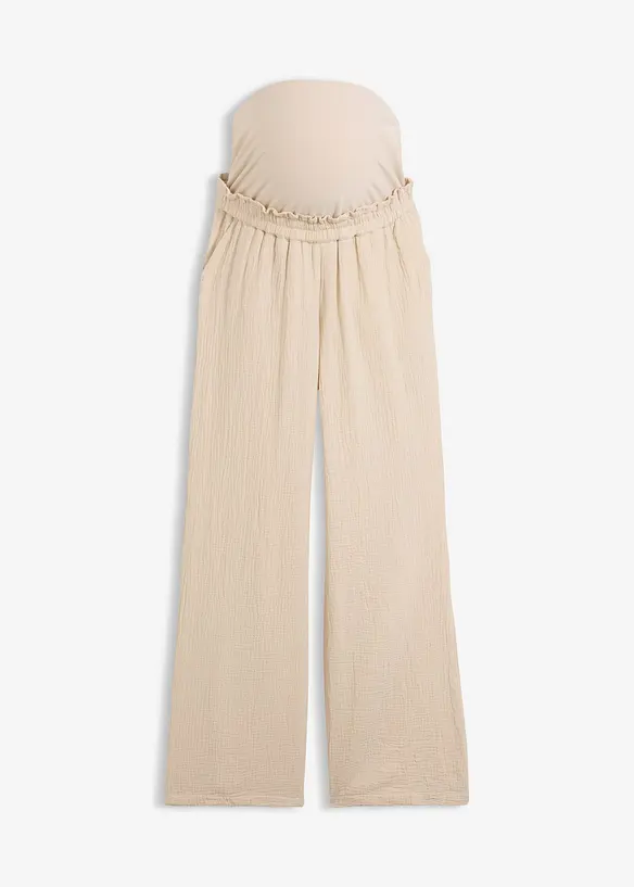 Umstandshose aus reinem Baumwoll-Musselin, Loose Fit in beige von vorne - bonprix