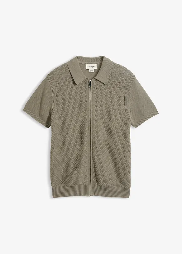 Gestricktes Poloshirt aus reiner Baumwolle in grau von vorne - bonprix