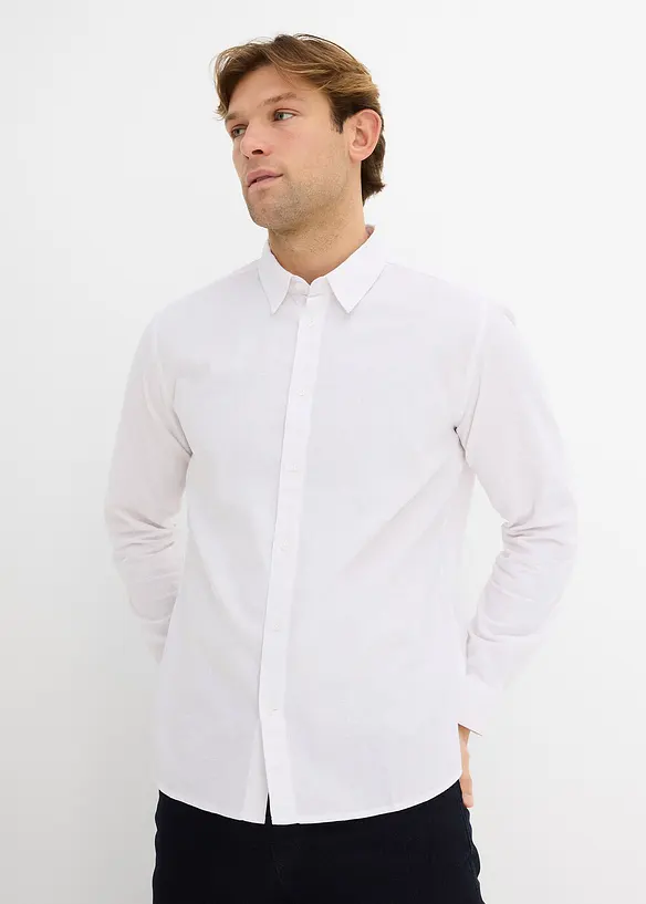 Langarmhemd aus Leinen-Mix in Modern Fit in weiß von vorne (im Anschnitt) - bonprix