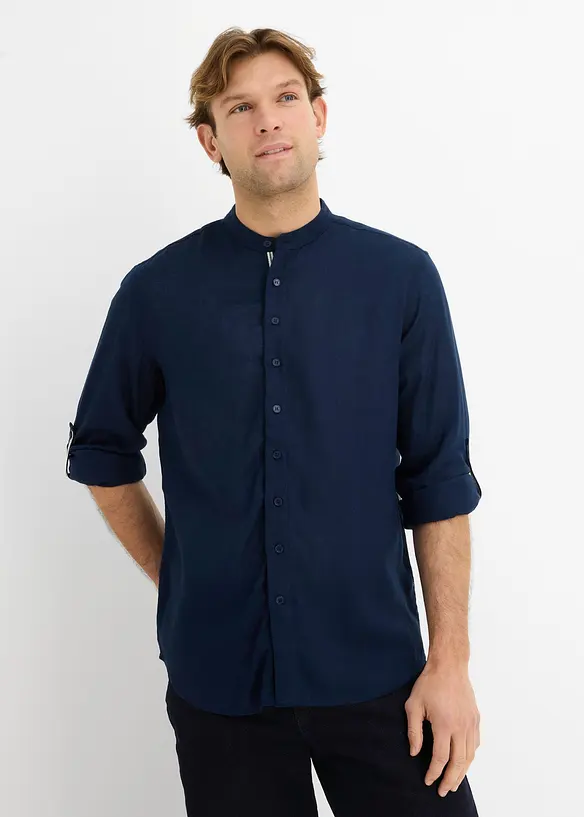 Langarmhemd aus Leinen-Mix in Regular Fit in blau von vorne (im Anschnitt) - bonprix