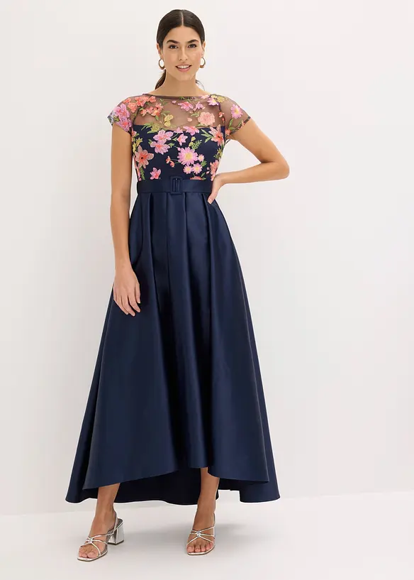 Maxikleid aus glänzendem Satin mit Spitze in blau von vorne (Totalaufnahme) - bonprix Maxikleid aus glänzendem Satin mit Spitze in blau von vorne (Totalaufnahme) - bonprix