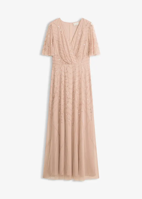 Abendkleid aus zartem Tüll mit Paillettenstickerei in beige von vorne - bonprix