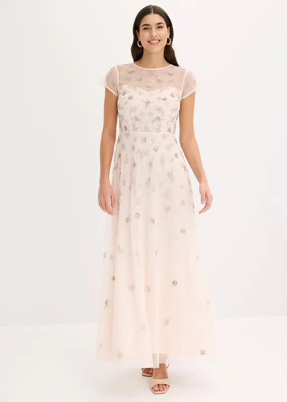 Abendkleid aus zartem Tüll mit Paillettenstickerei in rosa von vorne (Totalaufnahme) - bonprix
