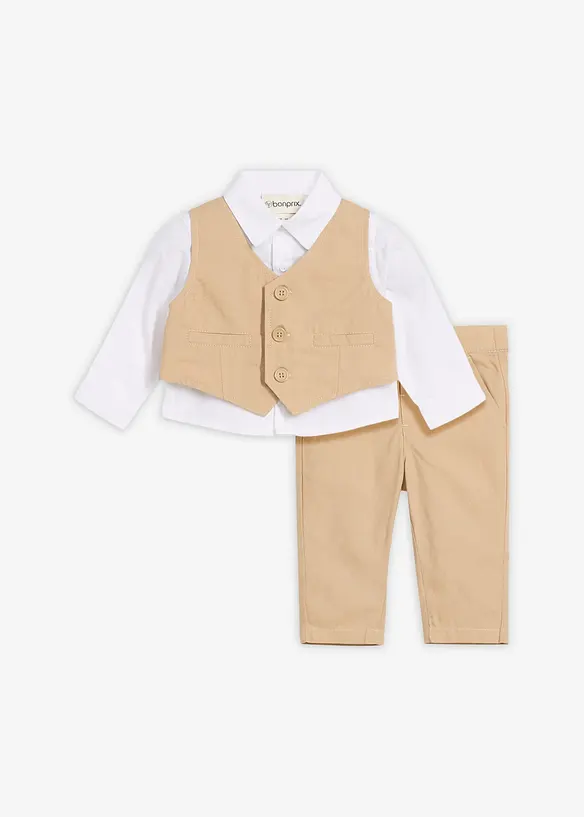 Festliches 3-teiliges Baby Set aus reiner Baumwolle (3-tlg. Set) in beige von vorne - bonprix