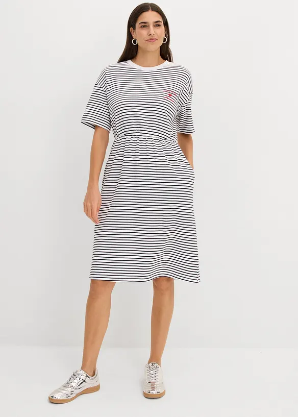 Gestreiftes Jerseykleid mit Stickerei in blau von vorne (Totalaufnahme) - bonprix Gestreiftes Jerseykleid mit Stickerei in blau von vorne (Totalaufnahme) - bonprix