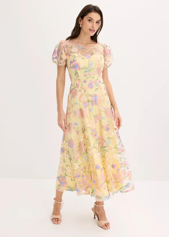 Spitzenkleid mit floraler Stickerei in gelb von vorne (Totalaufnahme) - bonprix Spitzenkleid mit floraler Stickerei in gelb von vorne (Totalaufnahme) - bonprix