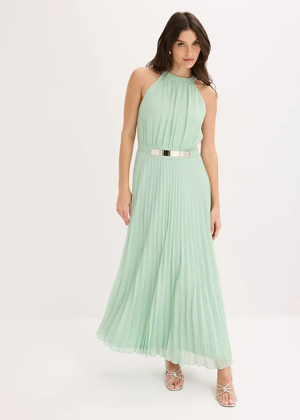 Abendkleid aus feinem Chiffon mit Plisseé in grün von vorne (Totalaufnahme) - bonprix