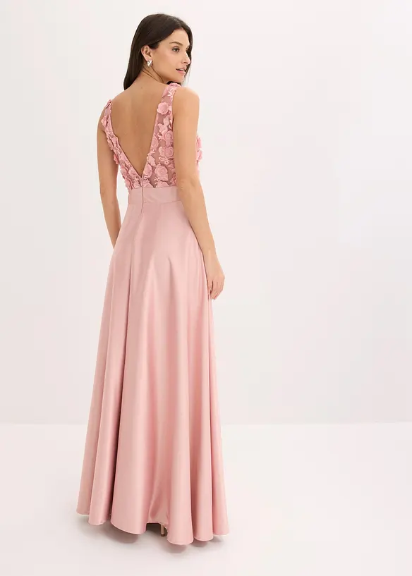 Abendkleid aus glänzendem Satin mit Blumen-Applikation in rosa von hinten (Totalaufnahme) - bonprix Abendkleid aus glänzendem Satin mit Blumen-Applikation in rosa von hinten (Totalaufnahme) - bonprix