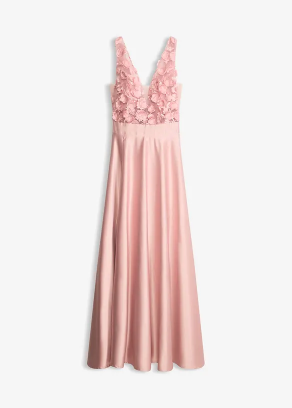 Abendkleid aus glänzendem Satin mit Blumen-Applikation in rosa von vorne - bonprix Abendkleid aus glänzendem Satin mit Blumen-Applikation in rosa von vorne - bonprix