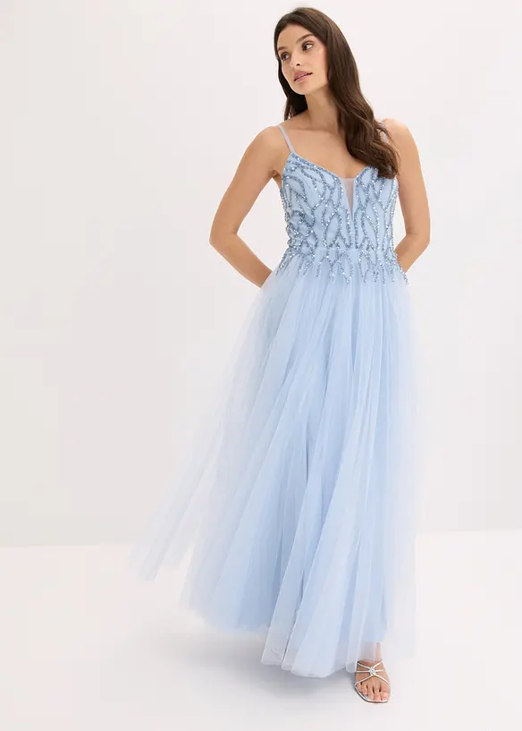 Abendkleid aus zartem Tüll mit Strasssteinverzierungen in blau von vorne (Totalaufnahme) - bonprix Abendkleid aus zartem Tüll mit Strasssteinverzierungen in blau von vorne (Totalaufnahme) - bonprix