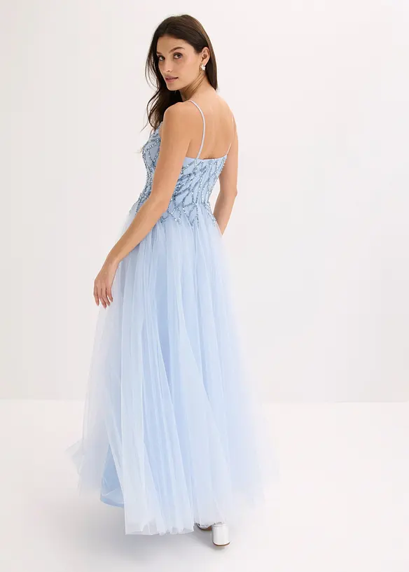 Abendkleid aus zartem Tüll mit Strasssteinverzierungen in blau von hinten (Totalaufnahme) - bonprix Abendkleid aus zartem Tüll mit Strasssteinverzierungen in blau von hinten (Totalaufnahme) - bonprix