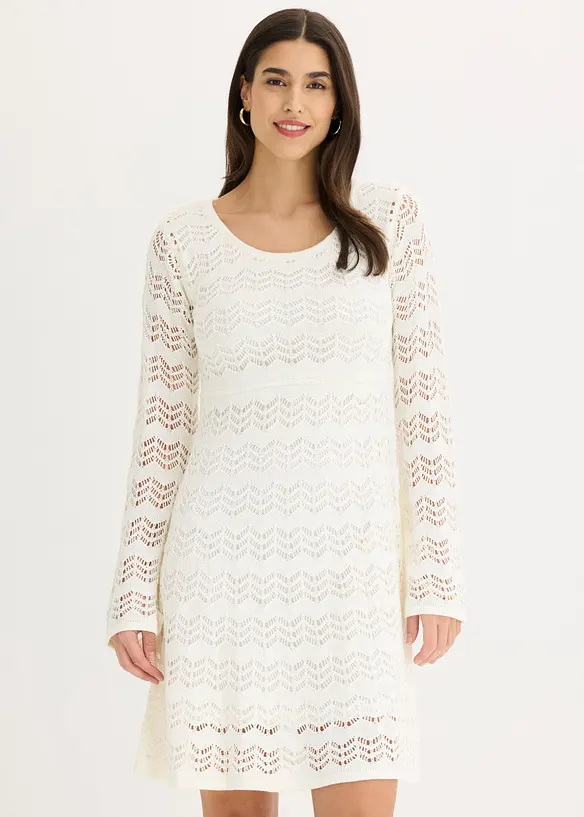 Häkel-Kleid mit Trompetenärmeln in weiß von vorne (Totalaufnahme) - bonprix
