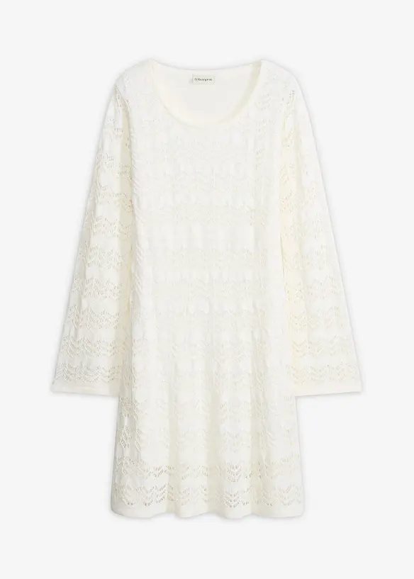 Häkel-Kleid mit Trompetenärmeln in weiß von vorne - bonprix