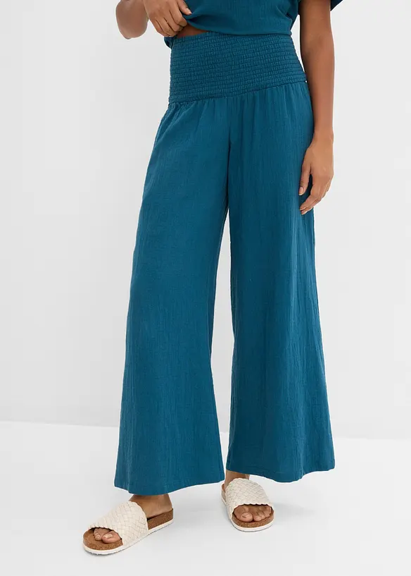 Musselin-Palazzo-Hose aus reiner Baumwolle in petrol von vorne - bonprix