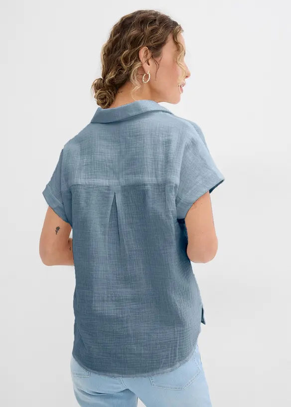 Musselin-Kurzarmbluse aus reiner Baumwolle in blau von hinten (im Anschnitt) - bonprix
