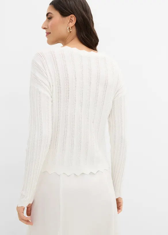 Kurze Ajour-Strickjacke in weiß von hinten (im Anschnitt) - bonprix