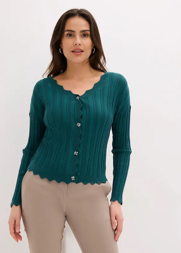 Kurze Ajour-Strickjacke in petrol von vorne (im Anschnitt) - bonprix