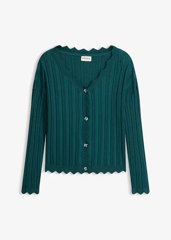 Kurze Ajour-Strickjacke in petrol von vorne - bonprix