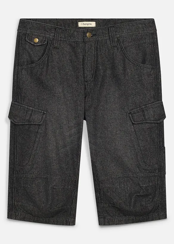 Leichte Jeans-Long-Cargobermuda, Relaxed Fit in schwarz von vorne - bonprix