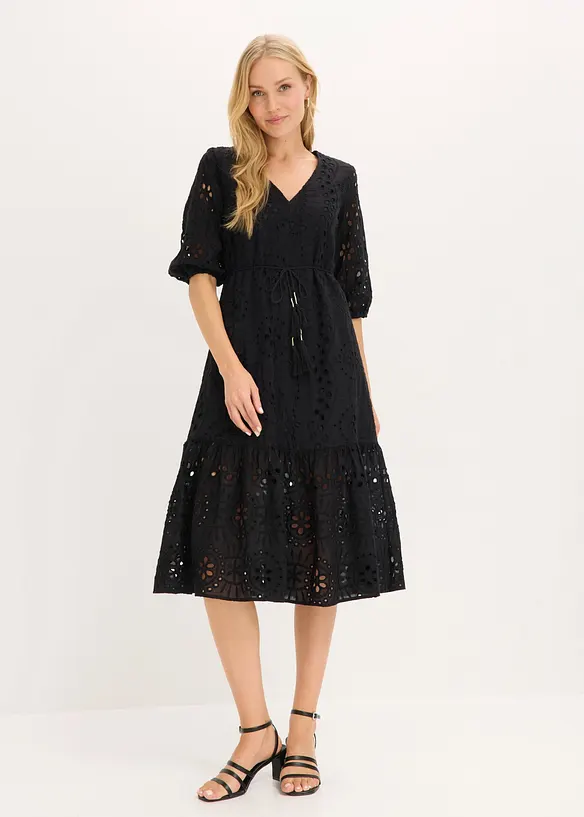 Midikleid aus reiner Baumwolle mit Lochstickerei in schwarz von vorne (Totalaufnahme) - bonprix Midikleid aus reiner Baumwolle mit Lochstickerei in schwarz von vorne (Totalaufnahme) - bonprix