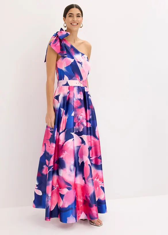 One-Shoulder-Kleid aus glänzendem Satin in blau von vorne (Totalaufnahme) - bonprix One-Shoulder-Kleid aus glänzendem Satin in blau von vorne (Totalaufnahme) - bonprix