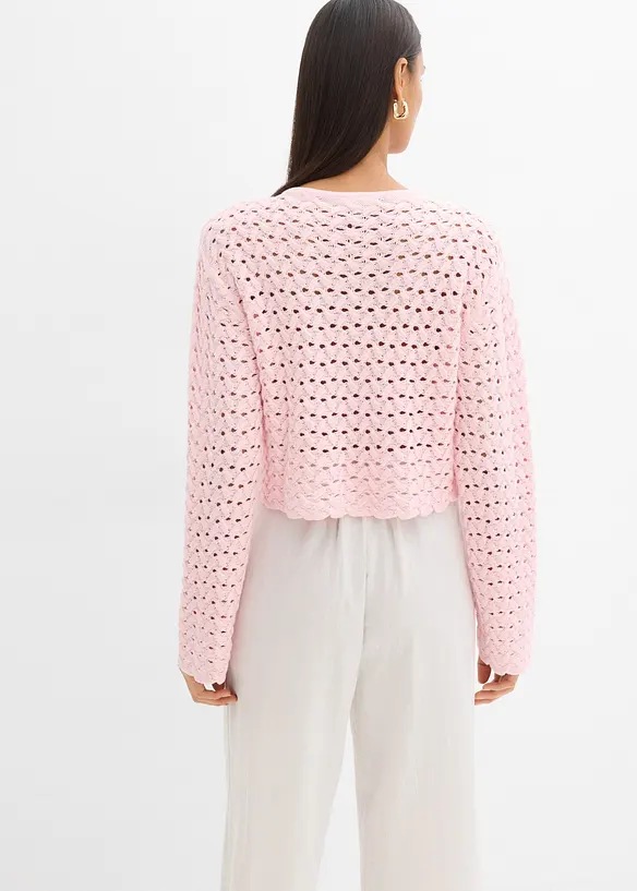 Ajour-Strickjacke in rosa von hinten (im Anschnitt) - bonprix