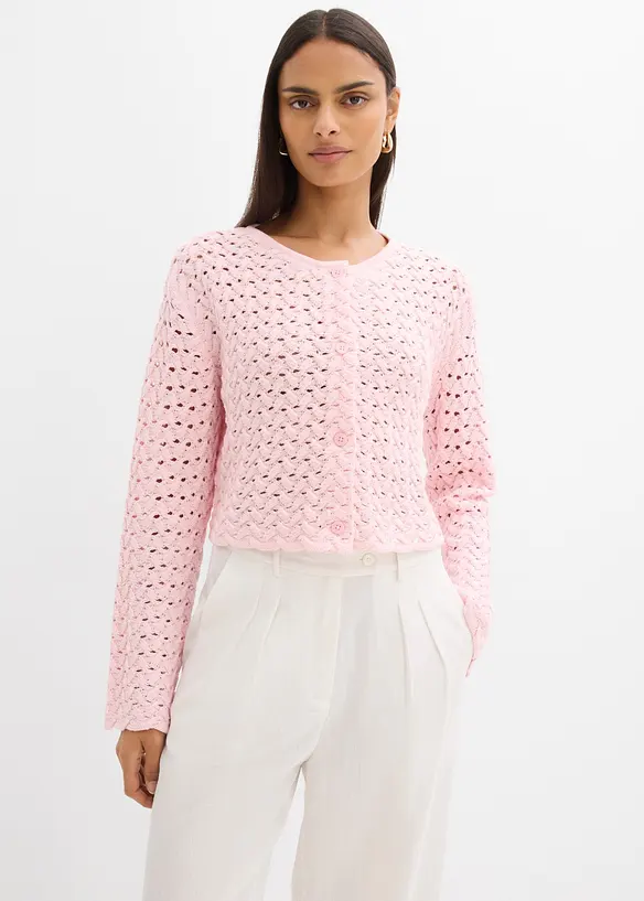 Ajour-Strickjacke in rosa von vorne (im Anschnitt) - bonprix