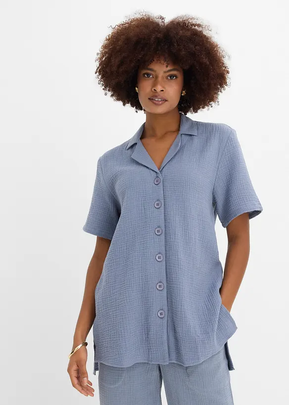 Musselin-Hemdbluse aus reiner Baumwolle in blau von vorne (im Anschnitt) - bonprix Musselin-Hemdbluse aus reiner Baumwolle in blau von vorne (im Anschnitt) - bonprix