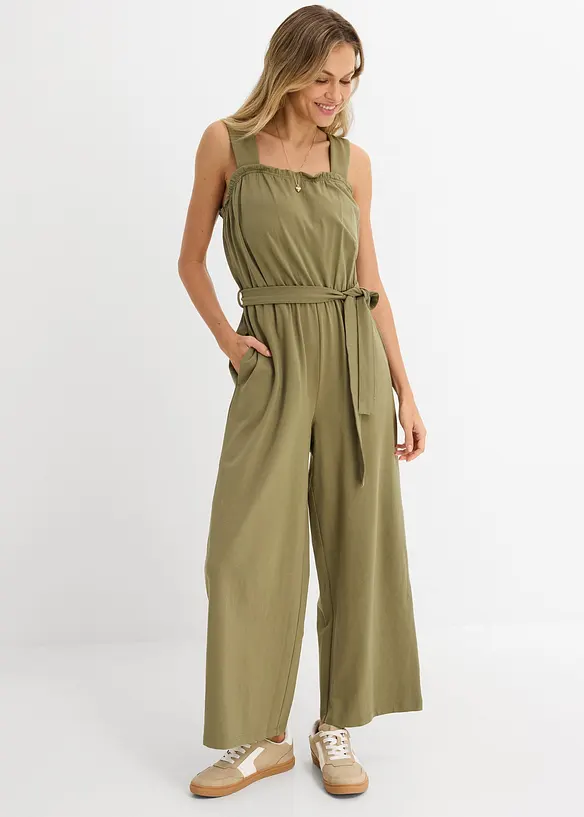 Jersey-Jumpsuit aus Baumwoll-Mix in grün von vorne (Totalaufnahme) - bonprix