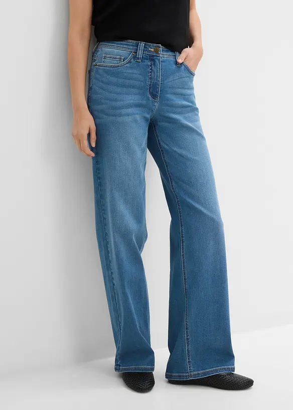 Wide-Leg-Jeans Mid Waist, Bequembund in blau von vorne - bonprix